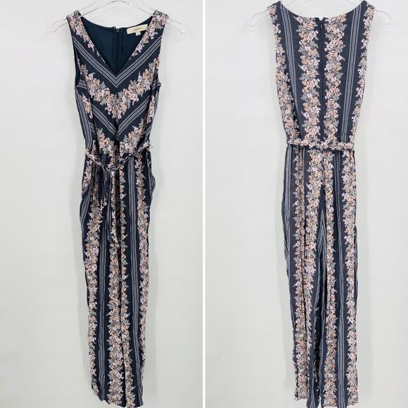 LOFT Size Small Gray Striped Floral V Neck Tie Waist Wide Leg Jumpsuit - Picture 3 of 12